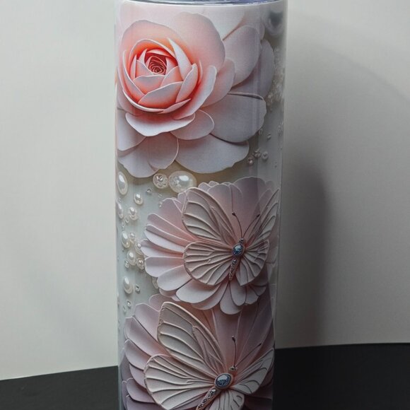 Pink 3D Butterflies and Flowers 20 oz Tumbler - Picture 3 of 4
